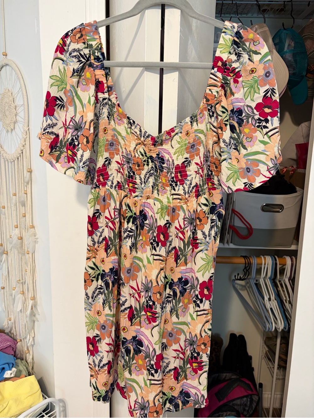 Roxy Women’s Cream Colorful Beautiful Floral Flutter/Sleeve Mini Dress